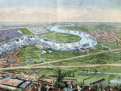 wydrukować; kolorowy grawerunek – Panorama Londynu i Tamizy autorstwa Illustrated London News